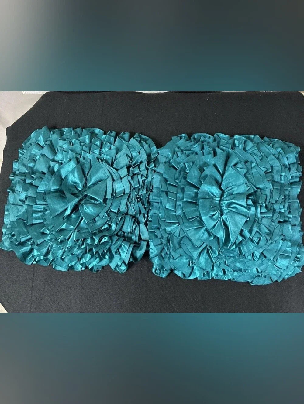 (2) Two Pier 1 Imports satin ruffled throw pillow case cover in teal turquoise